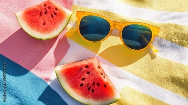 Fototapeta Summer Vibes Watermelon Slices and Yellow Sunglasses on Colorful Beach Towel for Refreshing Vacation Concept and Sunny Day Relaxation