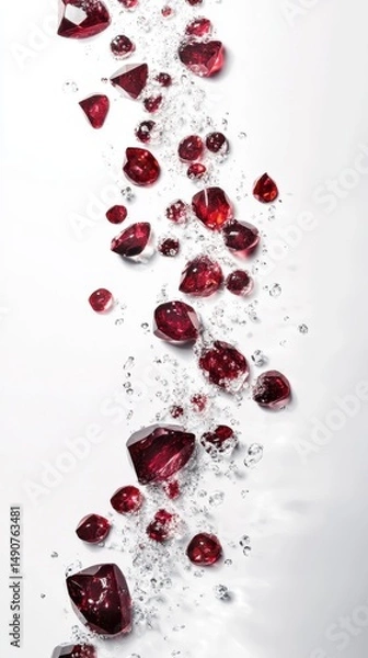 Fototapeta Falling Red Gems and Bubbles Isolated on White Background Representing Preciousness Luxury and Purity in a Clean Design