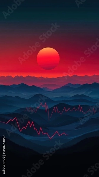 Fototapeta Crimson Sun Over Mountain Peaks Reflecting Data Fluctuations Illuminating Financial Uncertainty and Volatility Representing Modern Digital Visuals and Abstract Design