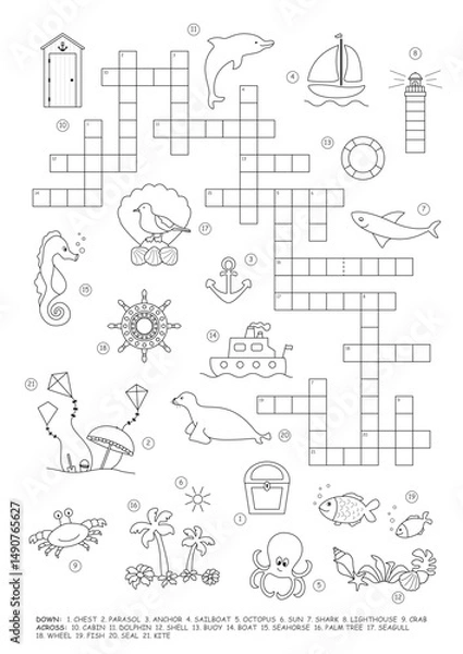 Fototapeta Crossword puzzle. Sea theme. Game and Coloring page. English language. Vector illustration.