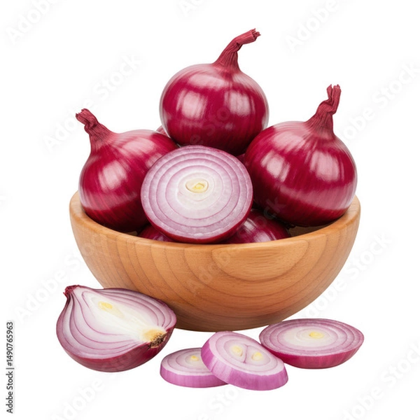 Fototapeta Red Onions in Wooden Bowl Isolated on Transparent Background