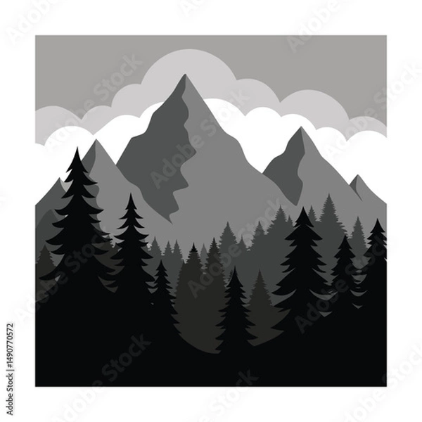 Obraz Pine Forest Landscape Silhouette with Mountains