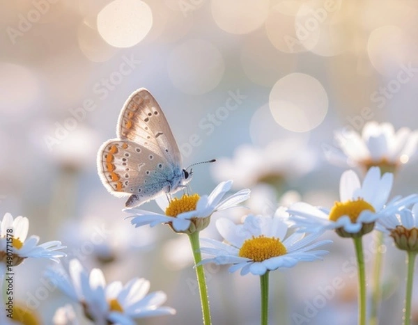 Obraz A delicate butterfly gently rests on a daisy flower amidst a soft, dreamy meadow. The butterfly's wings shimmer in the sunlight, a true marvel of nature.