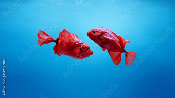 Obraz Red fishes made by plastic. Plastic pollution in the sea concept. 