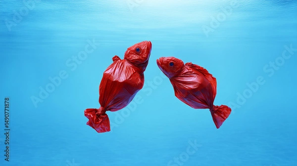 Obraz Red fishes made by plastic. Plastic pollution in the sea concept. 