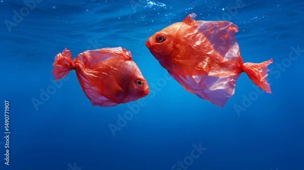 Obraz Red fishes made by plastic. Plastic pollution in the sea concept. 