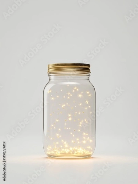 Fototapeta A jar filled with glowing fireflies emitting warm magical light, creating a dreamy and whimsical atmosphere on a soft background.
