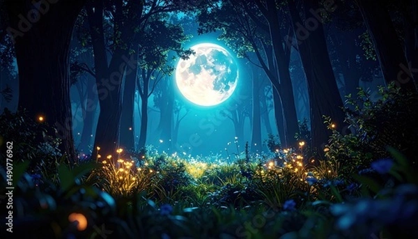 Fototapeta Full Moon Forest Path.