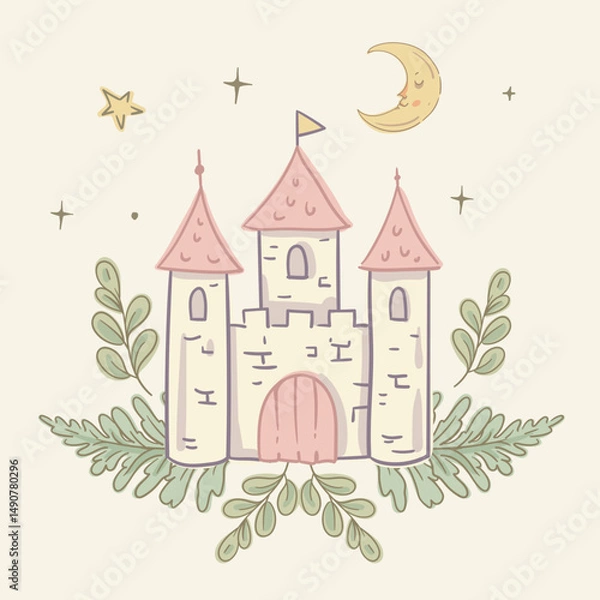 Obraz Whimsical Fairy Castle with Moon and Stars, Vector Illustration