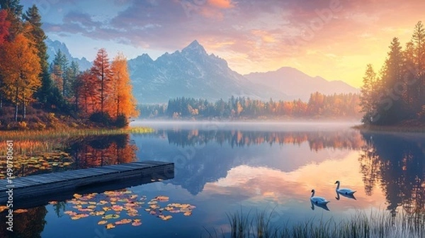 Fototapeta Peaceful Serene Reflection of Lake Surrounded by Mountains at Sunset