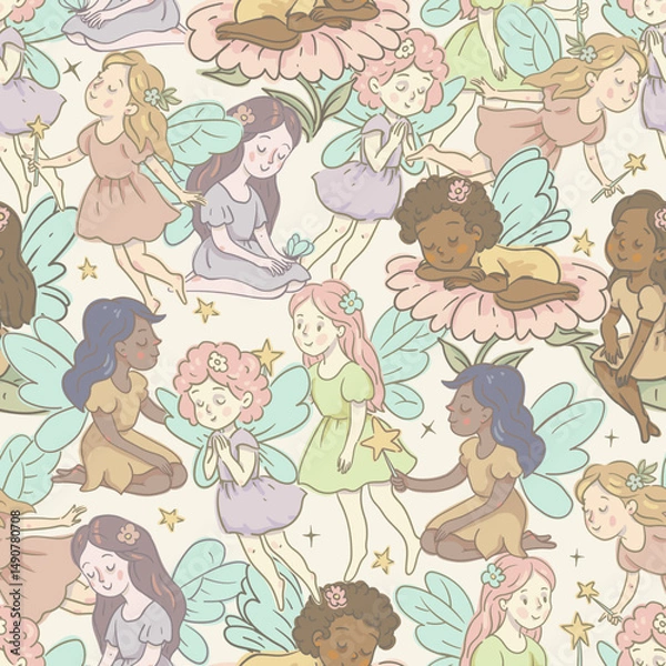 Obraz Cartoon Seamless Pattern of a Flying Fairy, Whimsical Vector Character