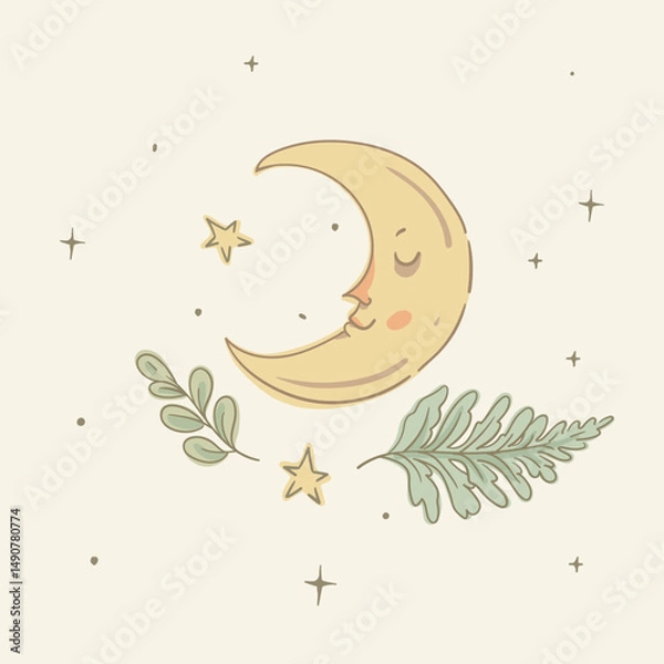 Obraz Sleeping Crescent Moon Whimsical Illustration