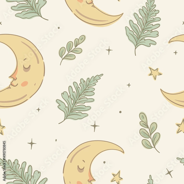 Obraz Sleeping Crescent Moon Seamless Pattern, Whimsical Illustration