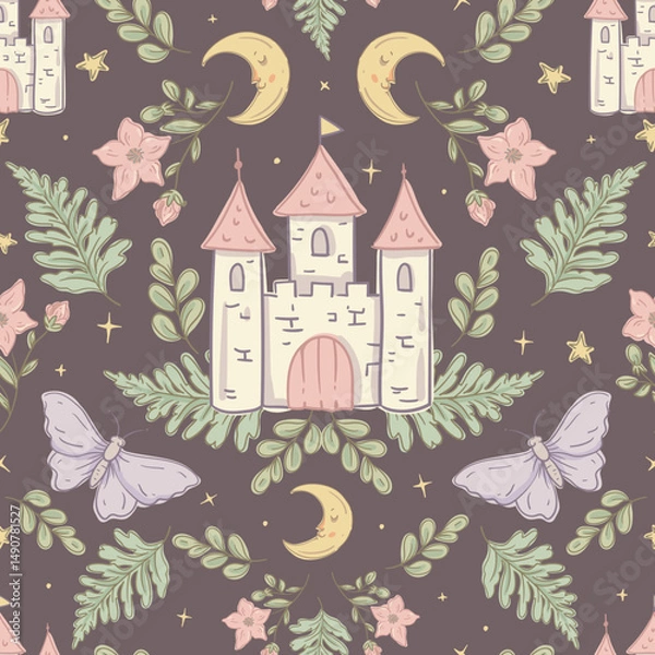 Obraz Whimsical Fairy Castle Seamless Pattern with Moon and Stars, Vector Illustration