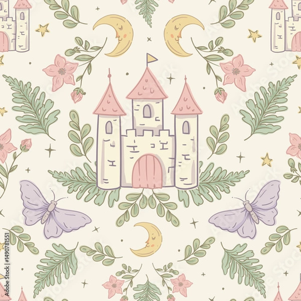 Obraz Whimsical Fairy Castle Seamless Pattern with Moon and Stars, Vector Illustration