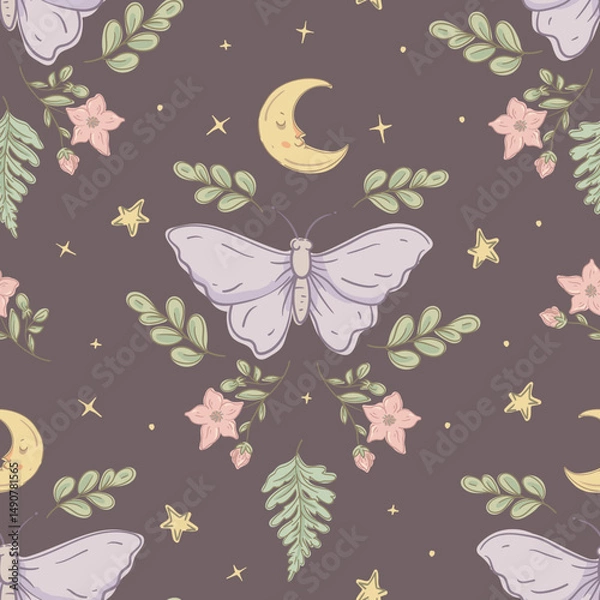 Obraz Cute Night Butterfly Seamless Pattern with Moon, Stars, and Flowers, Whimsical Illustration