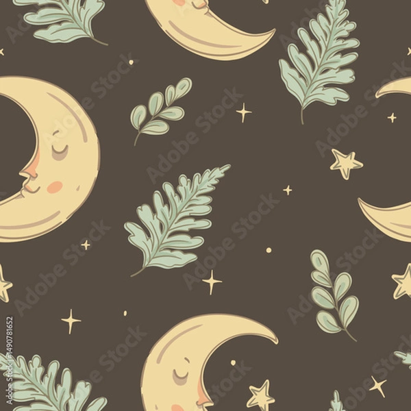 Obraz Sleeping Crescent Moon Seamless Pattern, Whimsical Illustration