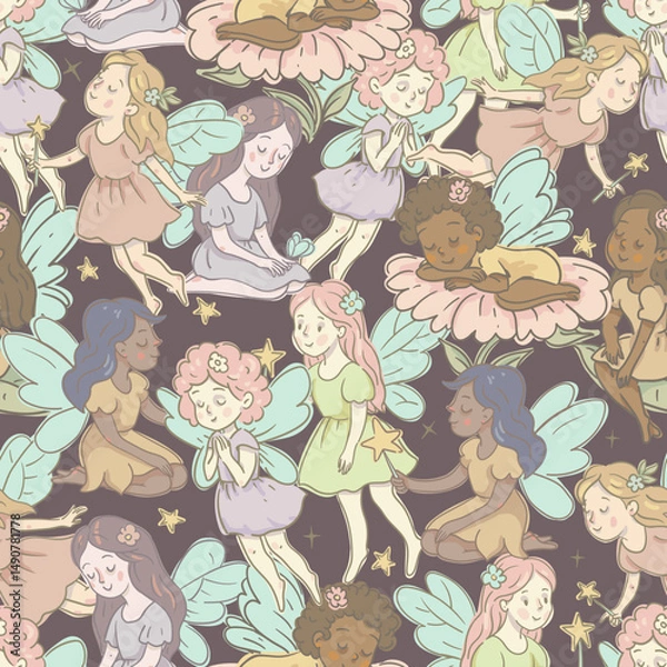 Obraz Cartoon Seamless Pattern of a Flying Fairy, Whimsical Vector Character