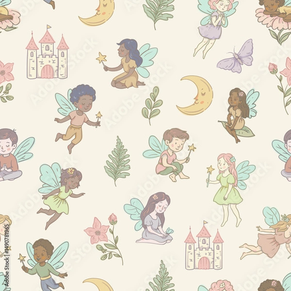 Obraz Cartoon Seamless Pattern of a Flying Fairy, Whimsical Vector Character