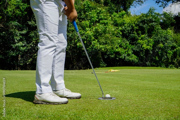Fototapeta Golfer putting golf in beautiful golf course in the evening golf course with sunshine.
