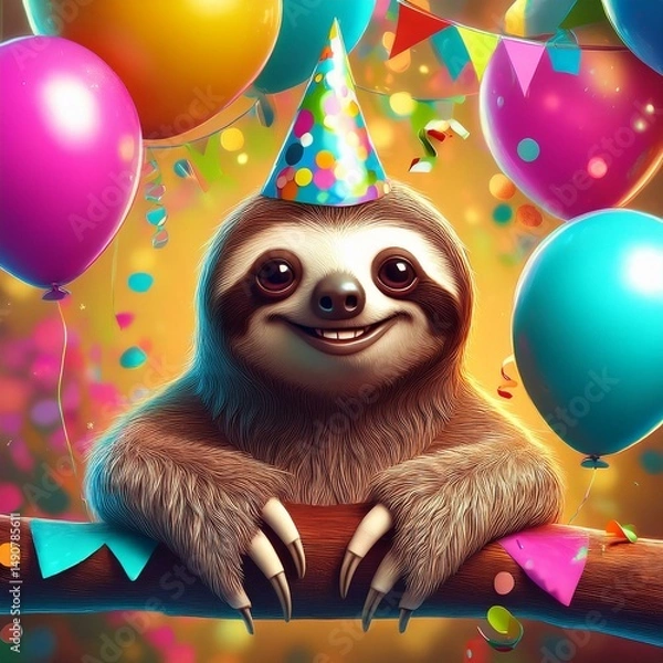 Obraz Sloth with  birthday balloons cartoon 
