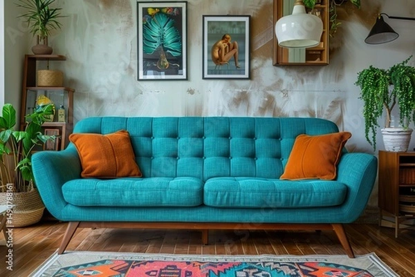 Fototapeta A retro-inspired sofa in bright teal fabric, with wooden legs and wide arms, set in a quirky living room with mid-century modern decor 