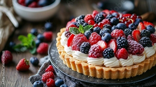 Fototapeta Fresh Fruit Tart with Berries and Cream on Rustic Wooden Table