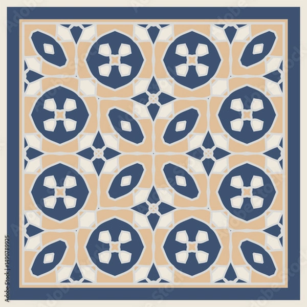 Obraz Abstract geometric pattern in yellow blue white. Textile printing, interior design,  wallpaper. Scarf design. Frame.