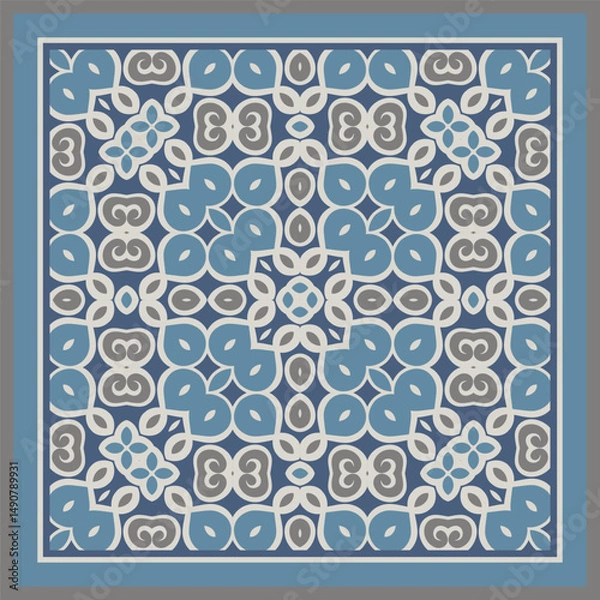 Obraz Abstract geometric pattern in blue white beige. Textile printing, interior design,  wallpaper. Scarf design. Frame.