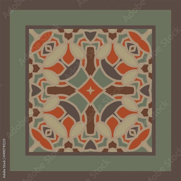 Obraz Bright color abstract pattern in beige red green brown. Use this pattern in the design of carpet, shawl, pillow, textile, ceramic tiles. Frame. Ideal for interior design as interior painting. 