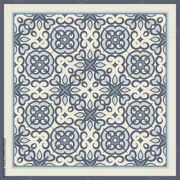 Obraz Abstract geometric pattern in white blue. Textile printing, interior design,  wallpaper. Scarf design. Frame.