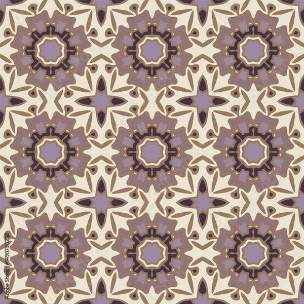 Obraz Creative trendy color abstract geometric mandala pattern in white beige violet, vector seamless, can be used for printing onto fabric, interior, design, textile