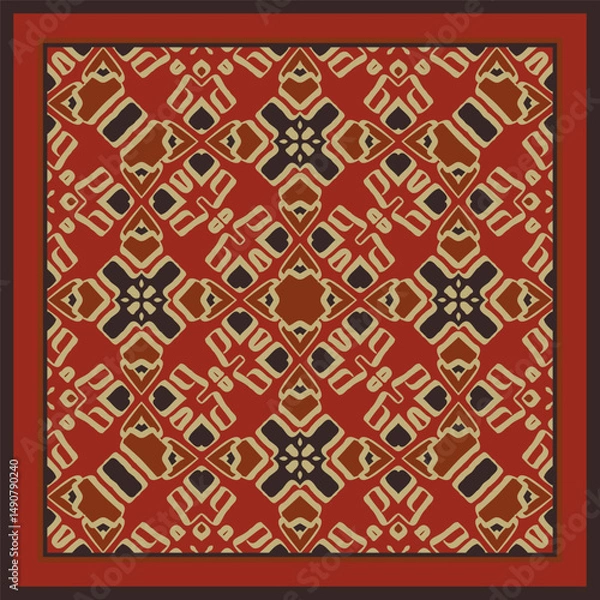 Obraz Abstract geometric pattern in red orange beige black. Textile printing, interior design,  wallpaper. Scarf design. Frame.