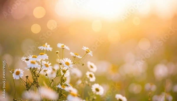 Obraz a sunny day in a field of daisies, the flower meadow is bathed in warm sunlight