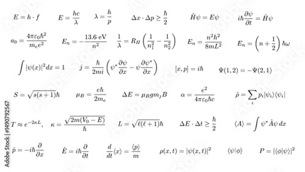 Fototapeta Set of 30 core essential atomic and quantum physics formulas and equations, ideal for science visuals, educational materials and infographics, transparent background