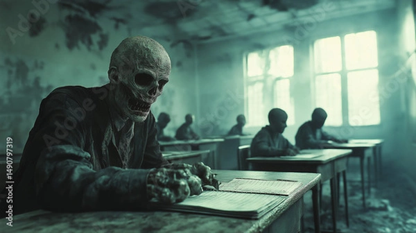 Obraz Skeletons seated at desks during final school exams in a dark classroom  