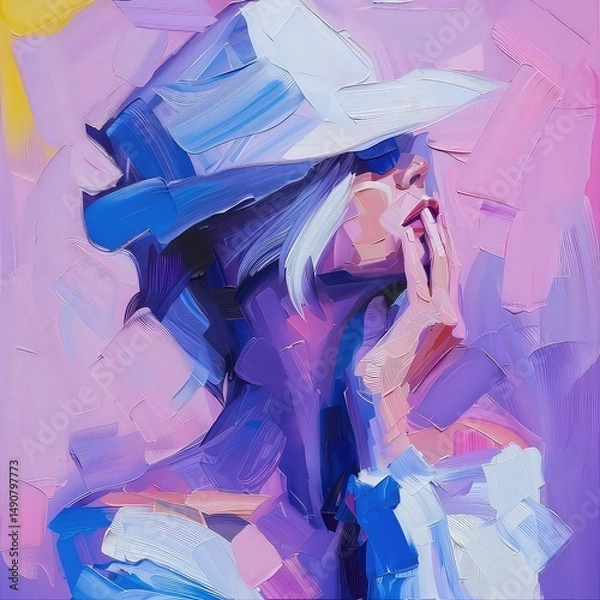 Obraz Elegant portrait of a woman with a white hat rendered in an impressionistic oil painting style