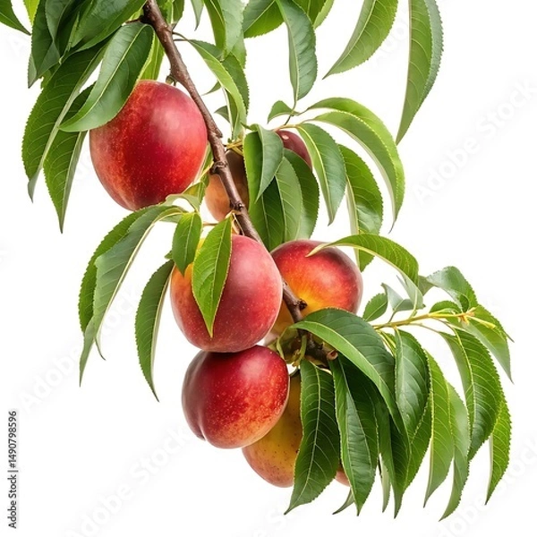 Obraz Ripe nectarines hanging from a branch with vibrant green leaves isolated on white