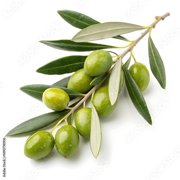 Obraz Freshly Picked Green Olives on a Branch with Leaves Ready to Eat
