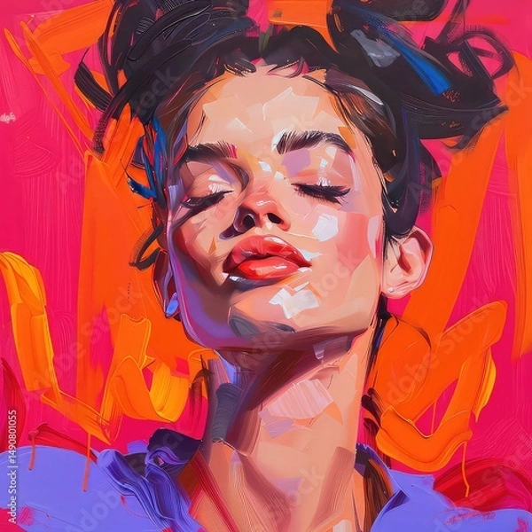 Obraz Artistic portrait of a woman with eyes closed and vibrant brushstrokes backdrop