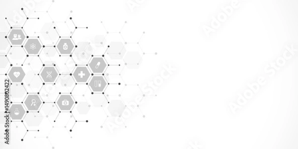 Fototapeta Medical background and healthcare technology with flat icons and symbols. Concept and idea for health care business, innovation medicine, health safety, science, medical research, and development.