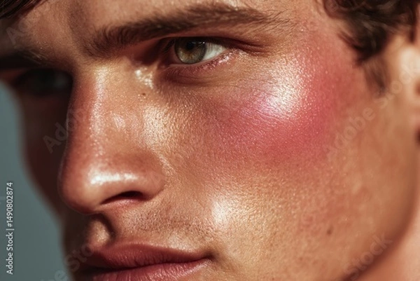 Fototapeta Close-up portrait of a young man with glowing skin and artistic blush application, showcasing modern beauty trends and highlighting facial features in warm, soft light.
