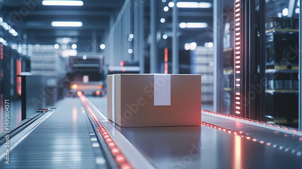 Fototapeta Package Scanning Process in Modern Warehouse with Conveyor Belt System