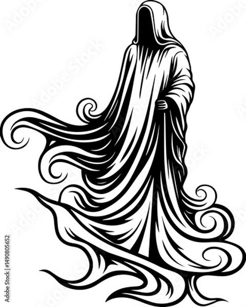 Fototapeta A skull tattoo design featuring sea ghosts in a haunting nautical theme. Mysterious Hooded Figure Surrounded by Swirling Shadows and Smoke