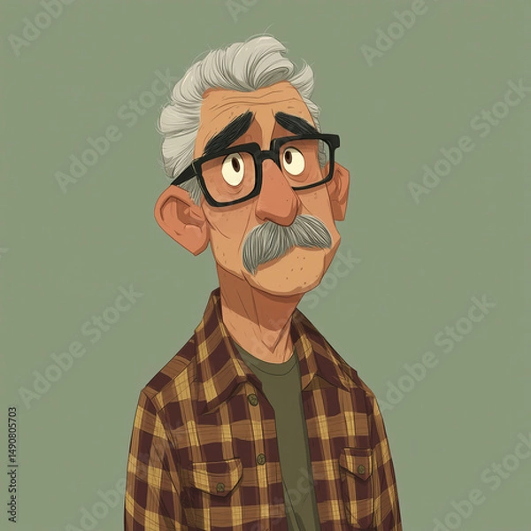 Fototapeta Cartoon illustration of an older man with glasses, a mustache, and a plaid shirt, looking thoughtful against a muted green background 