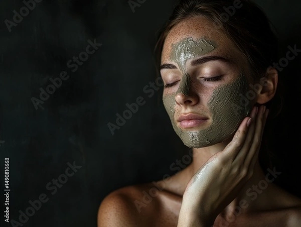 Obraz Beautiful Woman Enjoying a Mud Facial Mask in a Serene Spa Environment