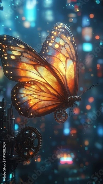 Fototapeta A fusion of gears, butterflies, and city spires forming a symbolic time-machine skyline