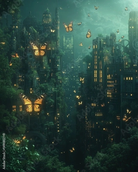 Fototapeta A fusion of gears, butterflies, and city spires forming a symbolic time-machine skyline