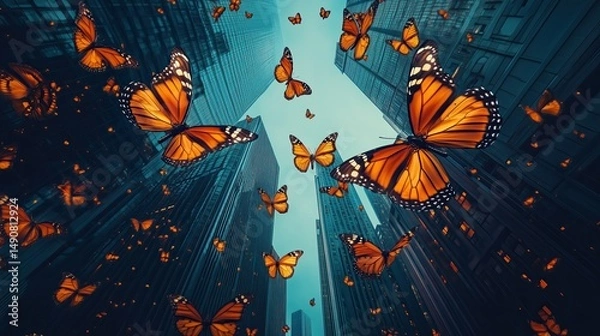Fototapeta A fusion of gears, butterflies, and city spires forming a symbolic time-machine skyline
