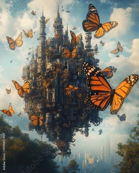 Fototapeta A fusion of gears, butterflies, and city spires forming a symbolic time-machine skyline